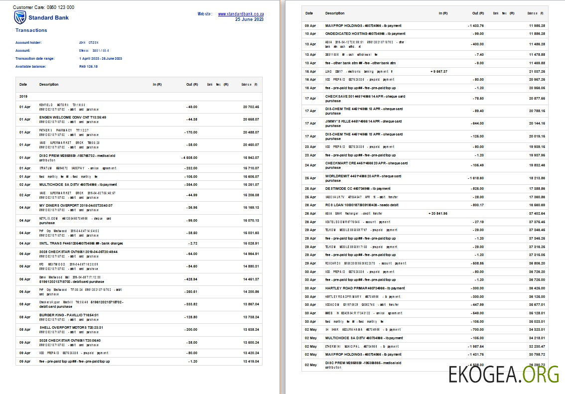 Relevé de la Standard Bank d'Afrique du Sud Word et PDF